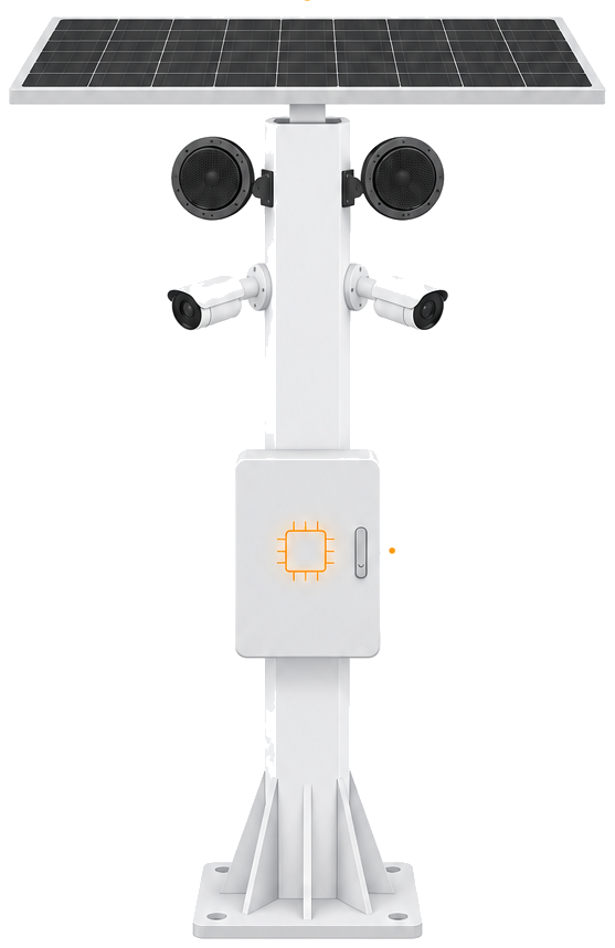 Render frontal del nodo Snow con panel solar, cámaras, bocinas y gabinete